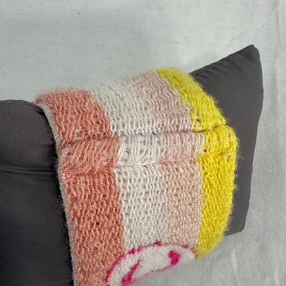 CHANEL Pink White Yellow Striped Knit Wrist Cuff with CC Heart Logo
